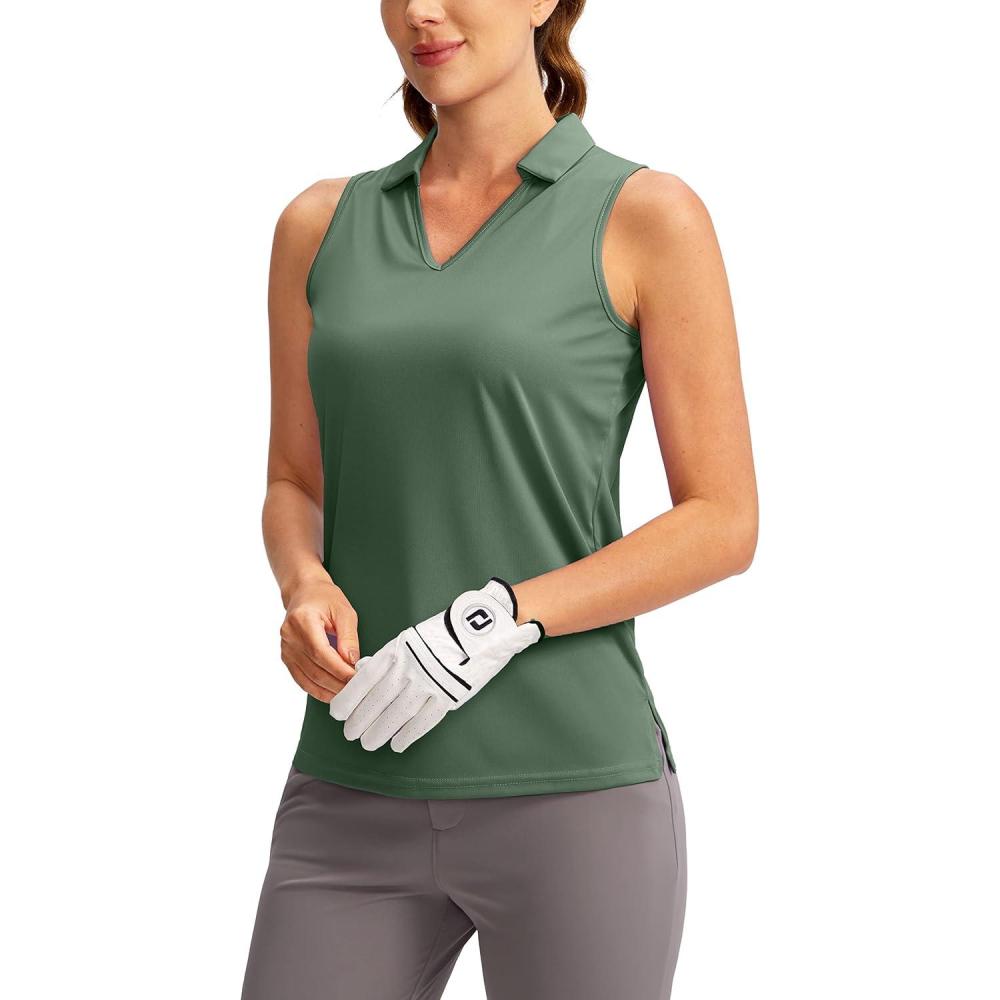 imageSANTINY Womens Sleeveless Golf Shirt VNeck Tennis Tank Tops Collared Golf Polo Shirts for WomenGreen