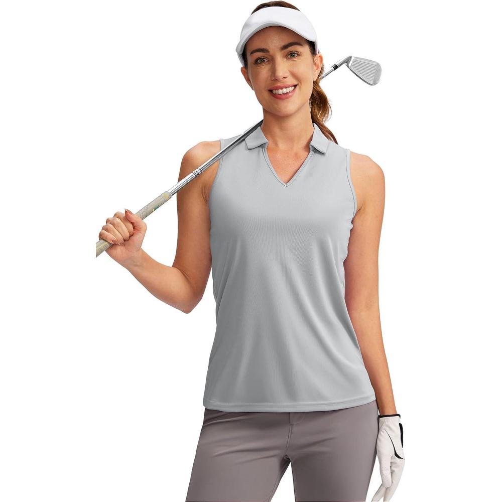 imageSANTINY Womens Sleeveless Golf Shirt VNeck Tennis Tank Tops Collared Golf Polo Shirts for WomenLight Grey