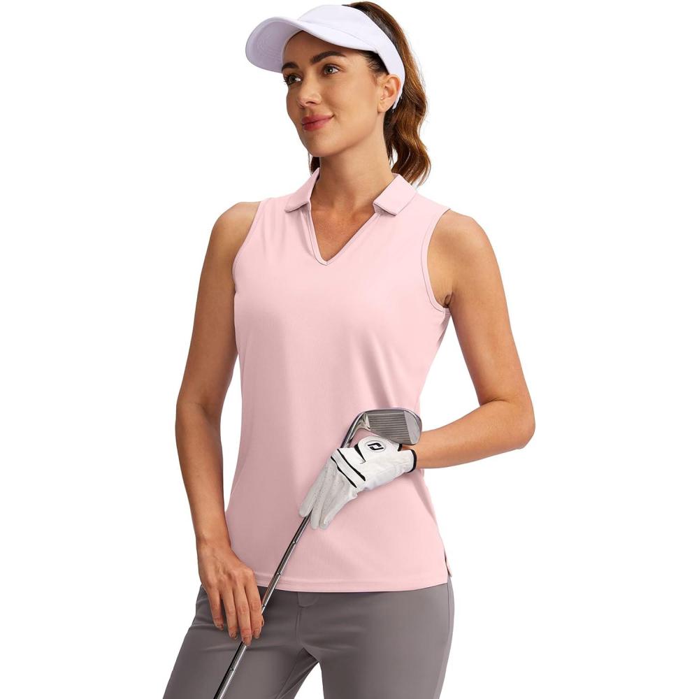 imageSANTINY Womens Sleeveless Golf Shirt VNeck Tennis Tank Tops Collared Golf Polo Shirts for WomenPink