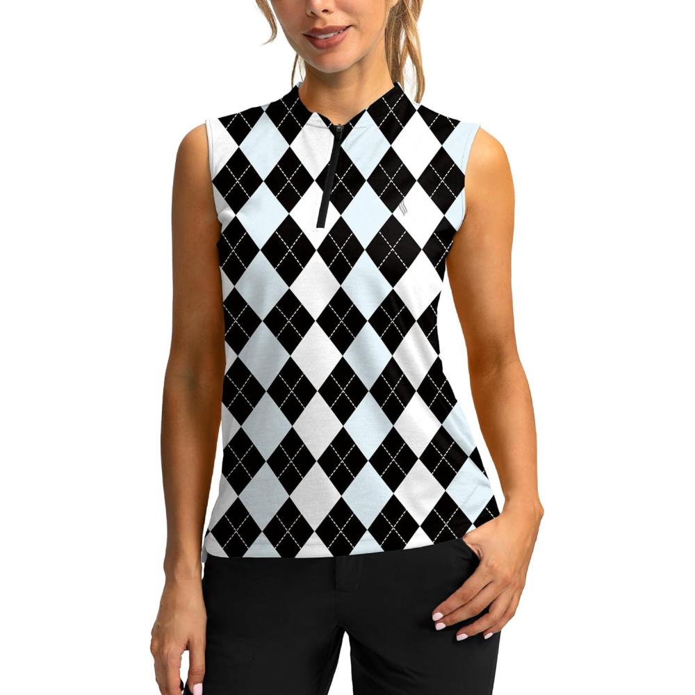 imageSANTINY Womens Sleeveless Golf Shirt Zip Up Tennis Lightweight Quick Dry Tank Tops Polo Shirts for WomenBlack Blue Argyle