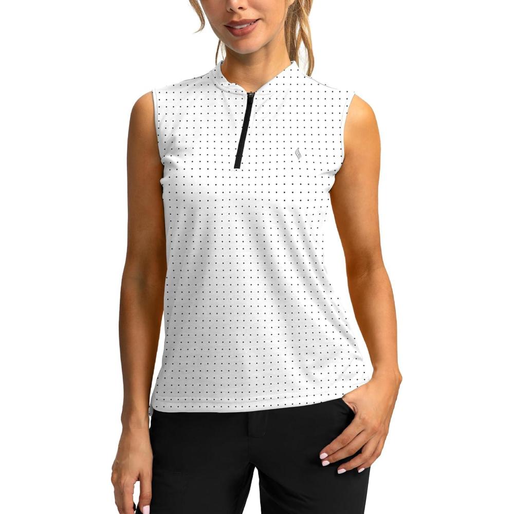 imageSANTINY Womens Sleeveless Golf Shirt Zip Up Tennis Lightweight Quick Dry Tank Tops Polo Shirts for WomenBlack Dot