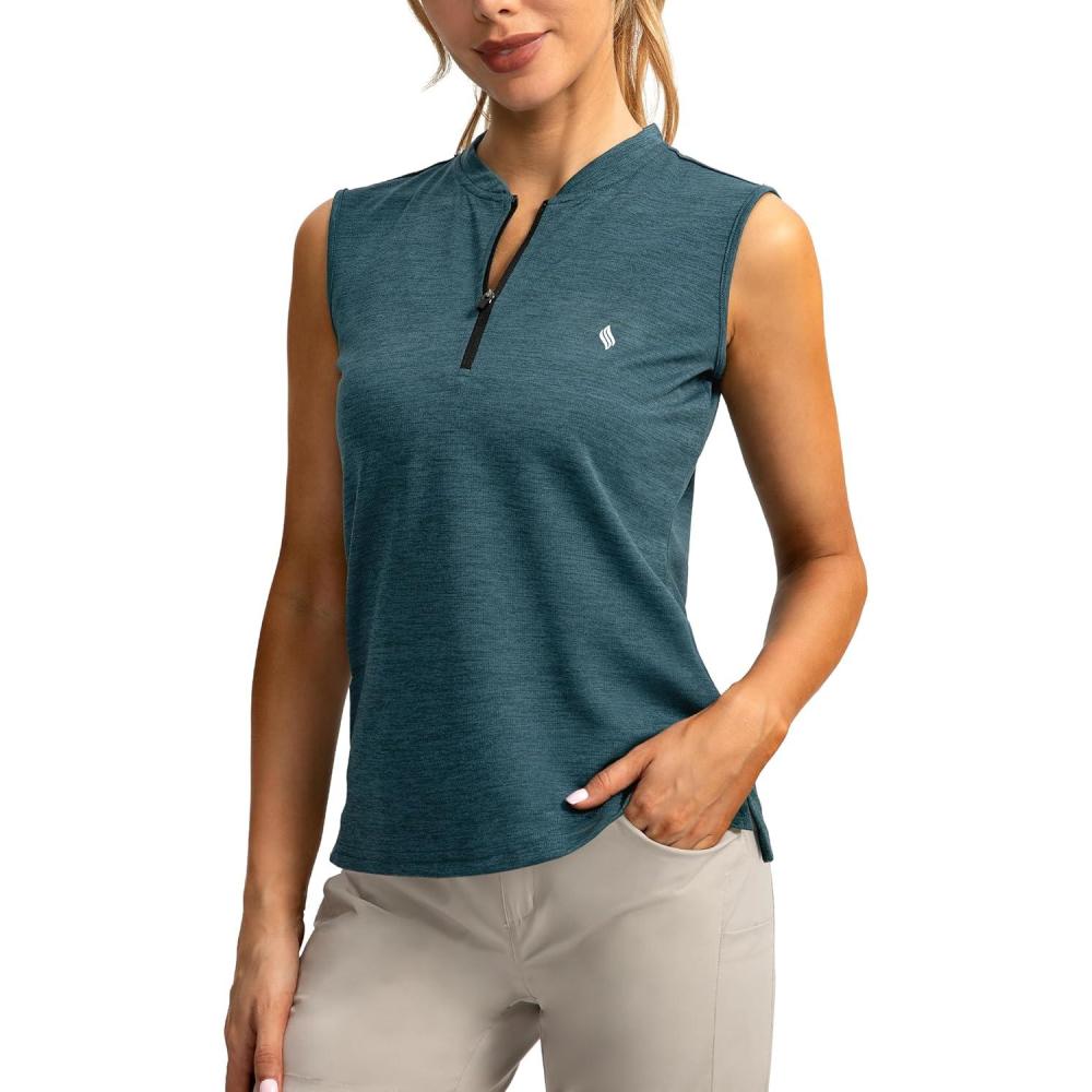 imageSANTINY Womens Sleeveless Golf Shirt Zip Up Tennis Lightweight Quick Dry Tank Tops Polo Shirts for WomenBlue