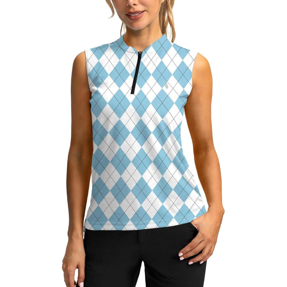 imageSANTINY Womens Sleeveless Golf Shirt Zip Up Tennis Lightweight Quick Dry Tank Tops Polo Shirts for WomenBlue Plaid