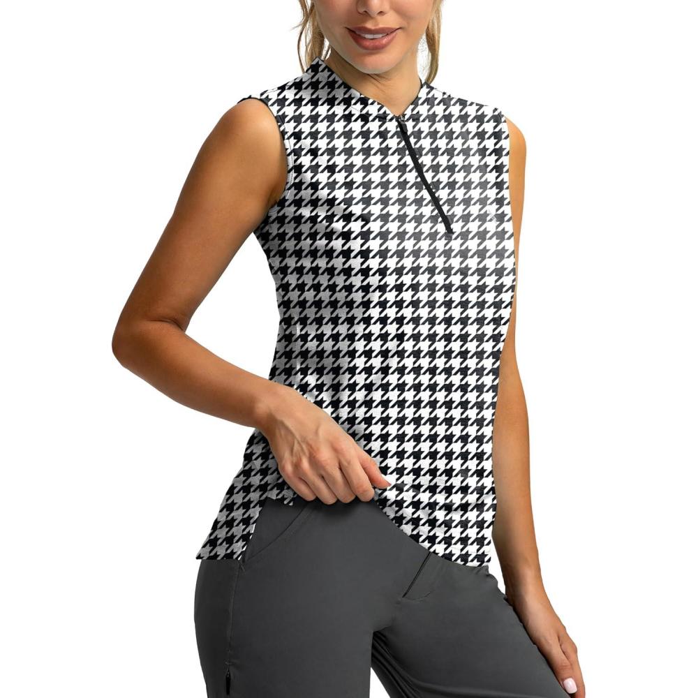 imageSANTINY Womens Sleeveless Golf Shirt Zip Up Tennis Lightweight Quick Dry Tank Tops Polo Shirts for WomenHoundstooth