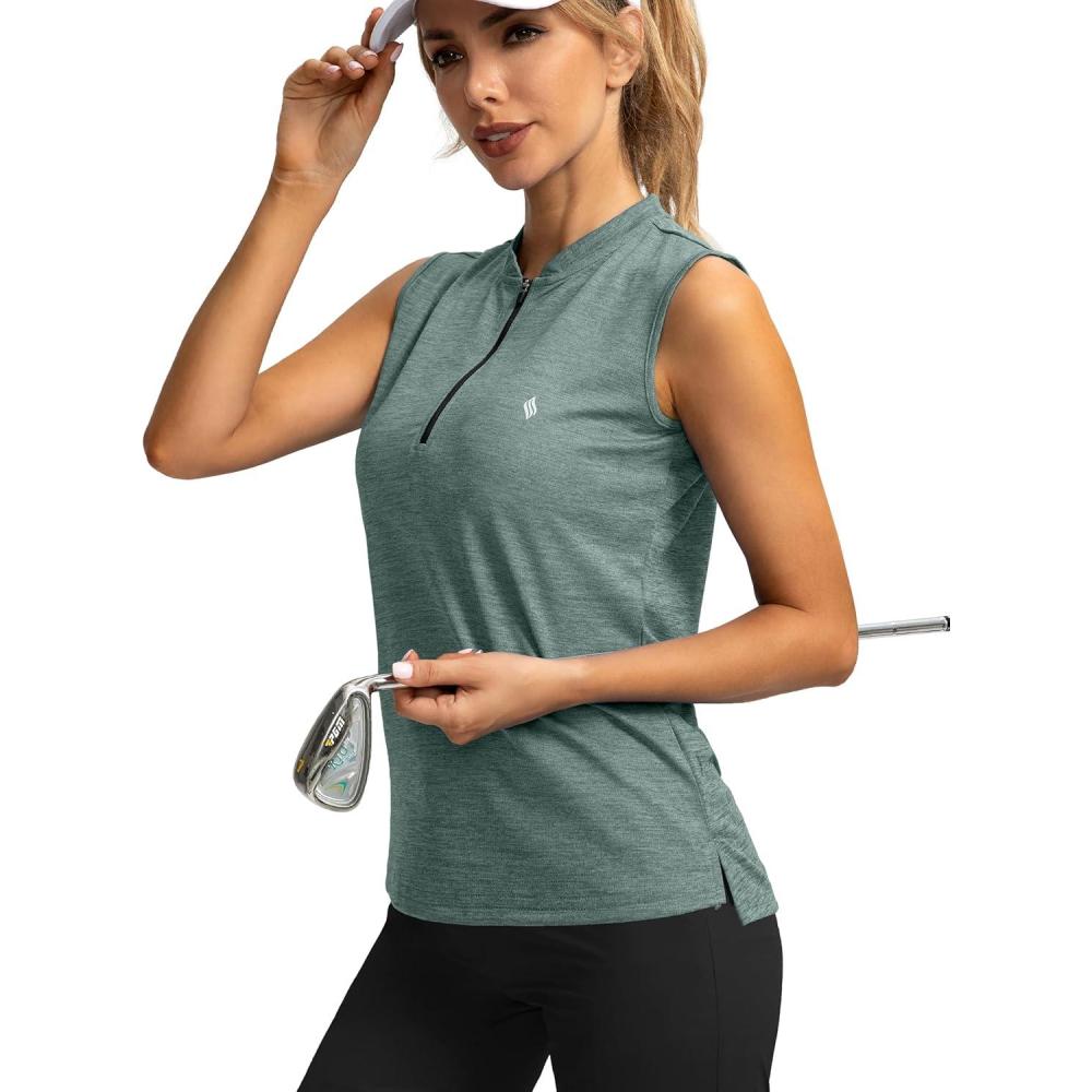 imageSANTINY Womens Sleeveless Golf Shirt Zip Up Tennis Lightweight Quick Dry Tank Tops Polo Shirts for WomenMalachite Green