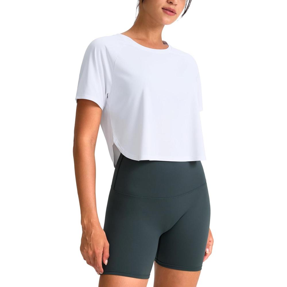 imageSANTINY Workout Crop Tops for Women Short Sleeve Athletic Shirts Cropped TShirt Yoga Gym Tops with Split HemWhite