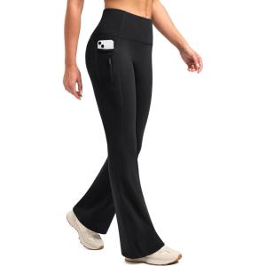 SANTINY Fleece Lined Flare Leggings Women 28.5/30.5/32 Water Resistant Winter Bell Bottom Hiking Yoga Pants with Pockets(Black)