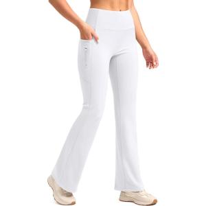 SANTINY Fleece Lined Flare Leggings Women 28.5/30.5/32 Water Resistant Winter Bell Bottom Hiking Yoga Pants with Pockets(White)