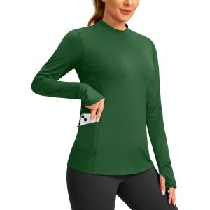 SANTINY Long Sleeve Thermal Shirts for Women Fleece Mock Neck Tops Winter Workout Running Gear with Zipper Pockets(Army Green)