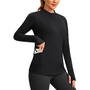 SANTINY Long Sleeve Thermal Shirts for Women Fleece Mock Neck Tops Winter Workout Running Gear with Zipper Pockets(Black)
