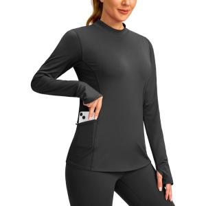 SANTINY Long Sleeve Thermal Shirts for Women Fleece Mock Neck Tops Winter Workout Running Gear with Zipper Pockets(Dark Grey)