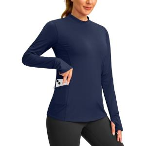 SANTINY Long Sleeve Thermal Shirts for Women Fleece Mock Neck Tops Winter Workout Running Gear with Zipper Pockets(Navy)