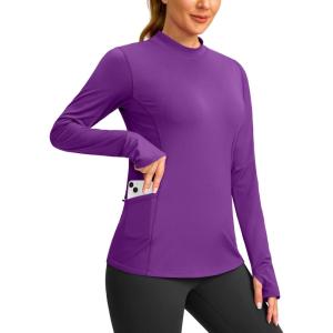 SANTINY Long Sleeve Thermal Shirts for Women Fleece Mock Neck Tops Winter Workout Running Gear with Zipper Pockets(Purple)
