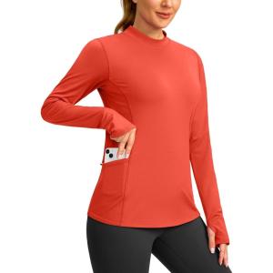 SANTINY Long Sleeve Thermal Shirts for Women Fleece Mock Neck Tops Winter Workout Running Gear with Zipper Pockets(Red)