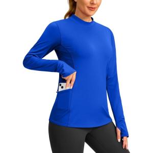 SANTINY Long Sleeve Thermal Shirts for Women Fleece Mock Neck Tops Winter Workout Running Gear with Zipper Pockets(Slate Blue)