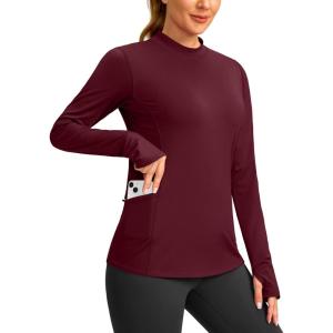 SANTINY Long Sleeve Thermal Shirts for Women Fleece Mock Neck Tops Winter Workout Running Gear with Zipper Pockets(Wine)