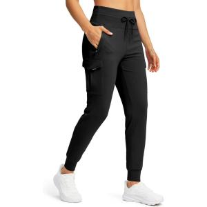 SANTINY Women Fleece Lined Cargo Joggers High Waisted Winter Warm Waterproof Hiking Pants with Zipper Pockets(Black)
