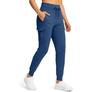 SANTINY Women Fleece Lined Cargo Joggers High Waisted Winter Warm Waterproof Hiking Pants with Zipper Pockets(Dark Blue)