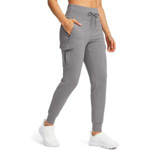 SANTINY Women Fleece Lined Cargo Joggers High Waisted Winter Warm Waterproof Hiking Pants with Zipper Pockets(Light Grey)