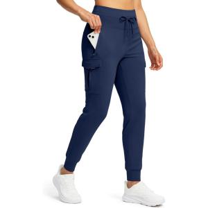 SANTINY Women Fleece Lined Cargo Joggers High Waisted Winter Warm Waterproof Hiking Pants with Zipper Pockets(Navy)