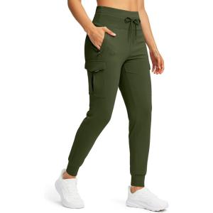 SANTINY Women Fleece Lined Cargo Joggers High Waisted Winter Warm Waterproof Hiking Pants with Zipper Pockets(Olive Green)