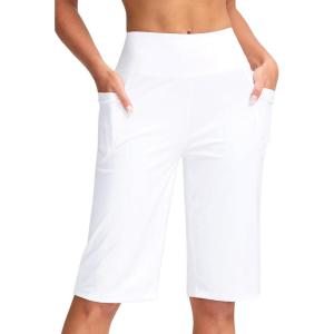 SANTINY Women’s 12″ Bermuda Shorts Knee Length with Pockets High Waisted Long Shorts for Women Stretch Casual Walking(White)