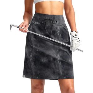 SANTINY Women’s 20” Knee Length Skorts Skirts 6 Pockets High Waisted Drawstring Long Athletic Tennis Golf Skirt Women(Black Tie Dye)