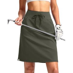 SANTINY Women’s 20” Knee Length Skorts Skirts 6 Pockets High Waisted Drawstring Long Athletic Tennis Golf Skirt Women(Olive)