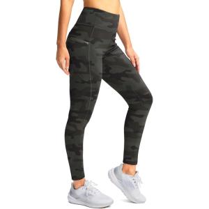 SANTINY Women’s Fleece Lined Winter Leggings Water Resistant High Waisted Thermal Hiking Running Warm Pants Women Pockets(Green Camo)