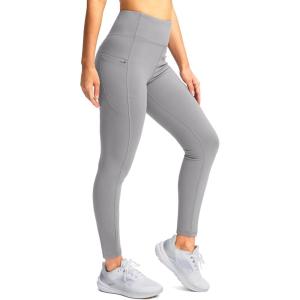 SANTINY Women’s Fleece Lined Winter Leggings Water Resistant High Waisted Thermal Hiking Running Warm Pants Women Pockets(Light Grey)