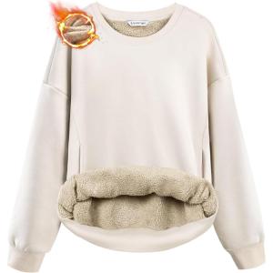 SANTINY Women’s Fleece Sherpa Lined Sweatshirt Warm Winter Pullover Sweaters Cozy Thick Crewneck Sweatshirts with Pockets(Beige)