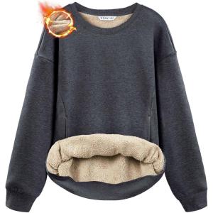 SANTINY Women’s Fleece Sherpa Lined Sweatshirt Warm Winter Pullover Sweaters Cozy Thick Crewneck Sweatshirts with Pockets(Dark Grey Heather)