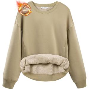 SANTINY Women’s Fleece Sherpa Lined Sweatshirt Warm Winter Pullover Sweaters Cozy Thick Crewneck Sweatshirts with Pockets(Khaki)