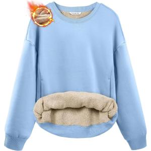 SANTINY Women’s Fleece Sherpa Lined Sweatshirt Warm Winter Pullover Sweaters Cozy Thick Crewneck Sweatshirts with Pockets(Light Blue)