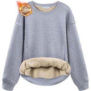 SANTINY Women’s Fleece Sherpa Lined Sweatshirt Warm Winter Pullover Sweaters Cozy Thick Crewneck Sweatshirts with Pockets(Light Grey Heather)