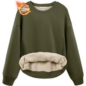 SANTINY Women’s Fleece Sherpa Lined Sweatshirt Warm Winter Pullover Sweaters Cozy Thick Crewneck Sweatshirts with Pockets(Olive)