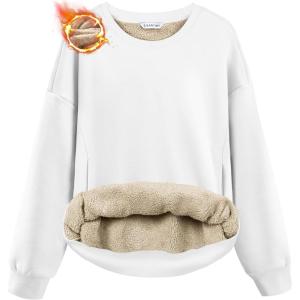 SANTINY Women’s Fleece Sherpa Lined Sweatshirt Warm Winter Pullover Sweaters Cozy Thick Crewneck Sweatshirts with Pockets(White)