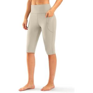 SANTINY Women’s Knee Length Capri Leggings with Pockets High Waisted Workout Exercise Yoga Capris Pants for Women(Beige)