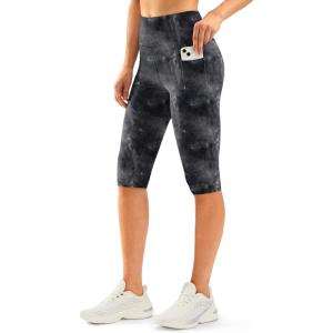 SANTINY Women’s Knee Length Capri Leggings with Pockets High Waisted Workout Exercise Yoga Capris Pants for Women(Black Tie Dyle)