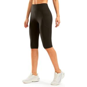 SANTINY Women’s Knee Length Capri Leggings with Pockets High Waisted Workout Exercise Yoga Capris Pants for Women(Brown)