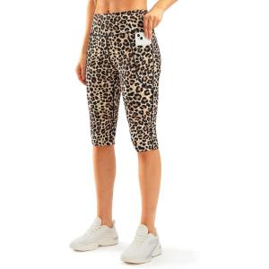 SANTINY Women’s Knee Length Capri Leggings with Pockets High Waisted Workout Exercise Yoga Capris Pants for Women(Leopard)