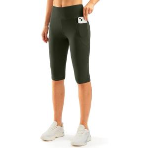 SANTINY Women’s Knee Length Capri Leggings with Pockets High Waisted Workout Exercise Yoga Capris Pants for Women(Olive)