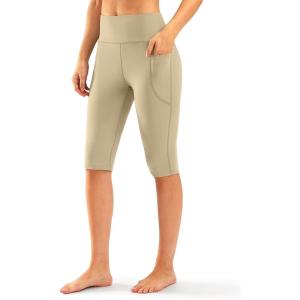 SANTINY Women’s Knee Length Capri Leggings with Pockets High Waisted Workout Exercise Yoga Capris Pants for Women(Stone)