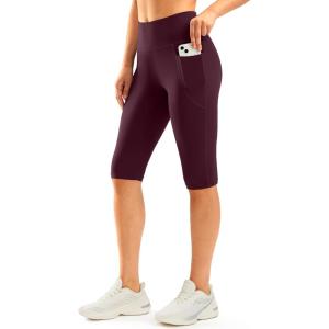 SANTINY Women’s Knee Length Capri Leggings with Pockets High Waisted Workout Exercise Yoga Capris Pants for Women(Wine)