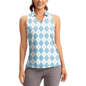 SANTINY Women’s Sleeveless Golf Shirt V-Neck Tennis Tank Tops Collared Golf Polo Shirts for Women(Blue Plaid)