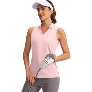 SANTINY Women’s Sleeveless Golf Shirt V-Neck Tennis Tank Tops Collared Golf Polo Shirts for Women(Pink)
