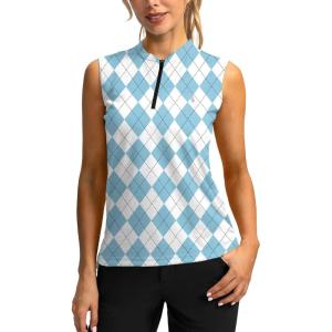 SANTINY Women’s Sleeveless Golf Shirt Zip Up Tennis Lightweight Quick Dry Tank Tops Polo Shirts for Women(Blue Plaid)