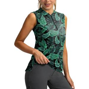 SANTINY Women’s Sleeveless Golf Shirt Zip Up Tennis Lightweight Quick Dry Tank Tops Polo Shirts for Women(Leaf)