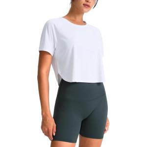 SANTINY Workout Crop Tops for Women Short Sleeve Athletic Shirts Cropped T-Shirt Yoga Gym Tops with Split Hem(White)