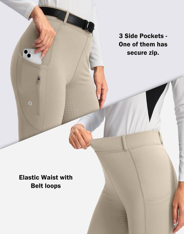 imageSANTINY Womens Horse Riding Pants Zipper Pockets Silicone FullSeat Breeches Equestrian Schooling Tights for WomenTaupe